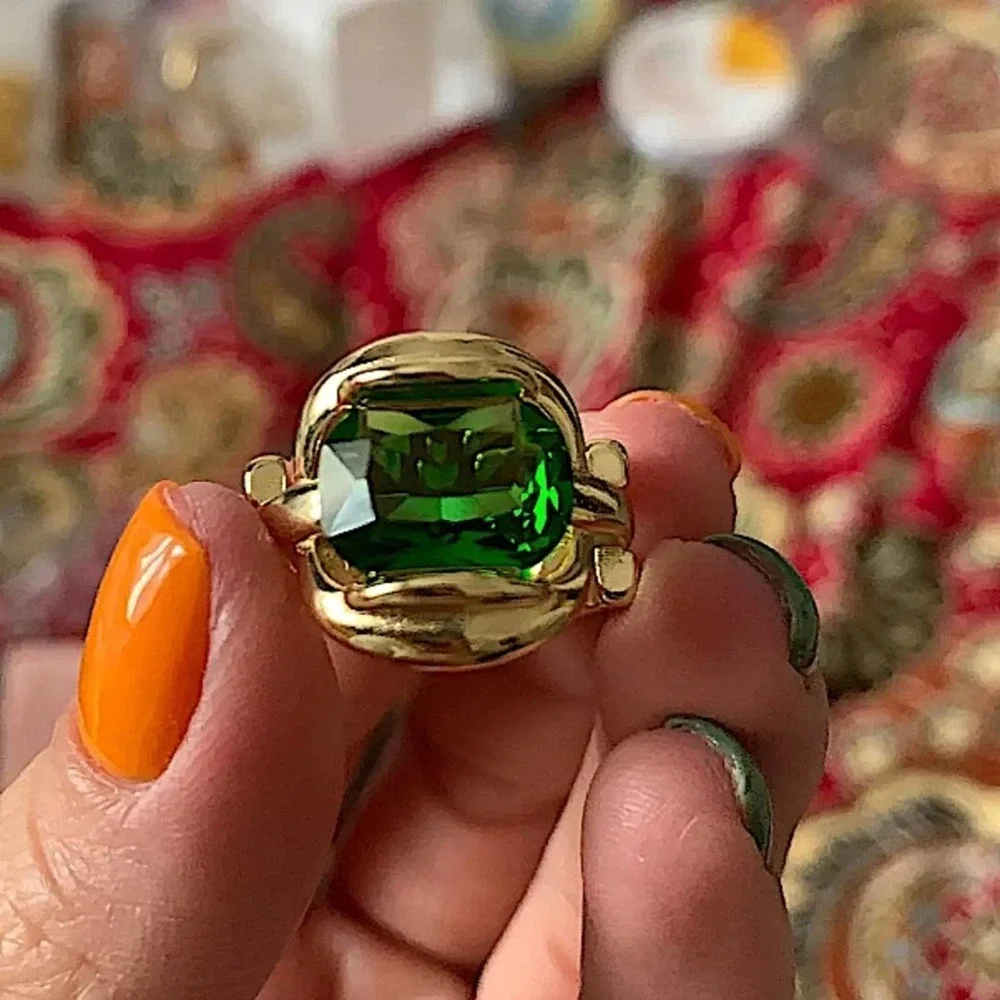NEW GOLD 18K PLATED EMERALD GREEN ADJUSTABLE RESIZABLE RING